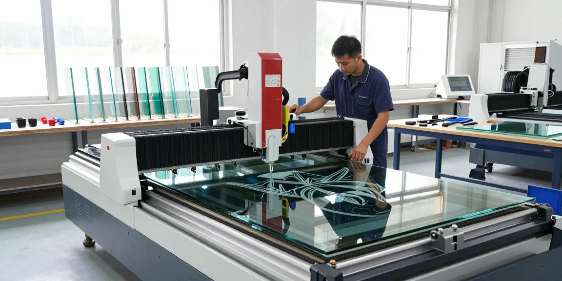 CNC glass cutting machine in action, showcasing advanced technology in a modern glass workshop.