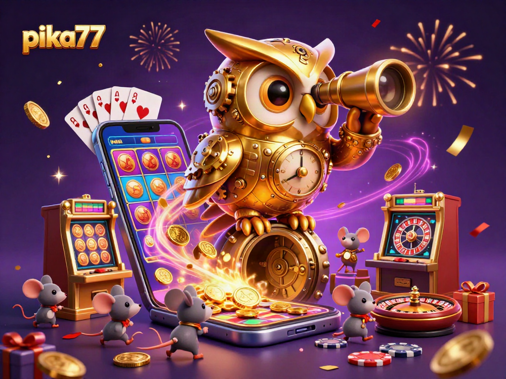 Engage with exciting slots at pika77, featuring a vibrant casino scene with characters and games.