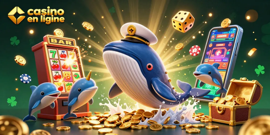 Interagissez avec des expériences de casino en ligne riches mettant en vedette une baleine animée et ses amis célébrant un jackpot.