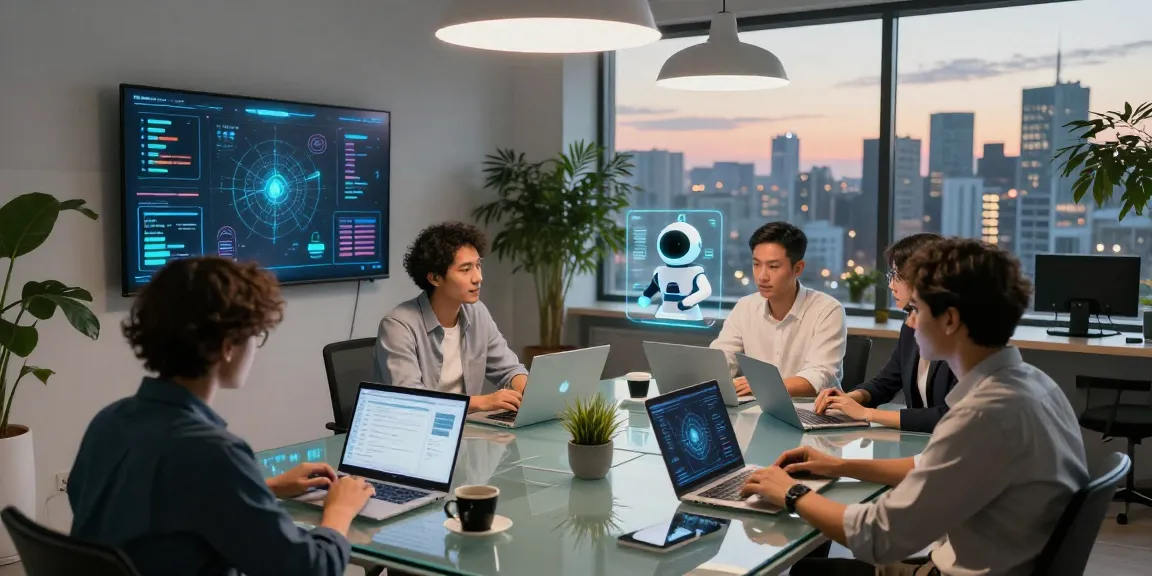 Dynamic workspace showcasing AI agents enhancing collaboration among professionals in a tech environment
