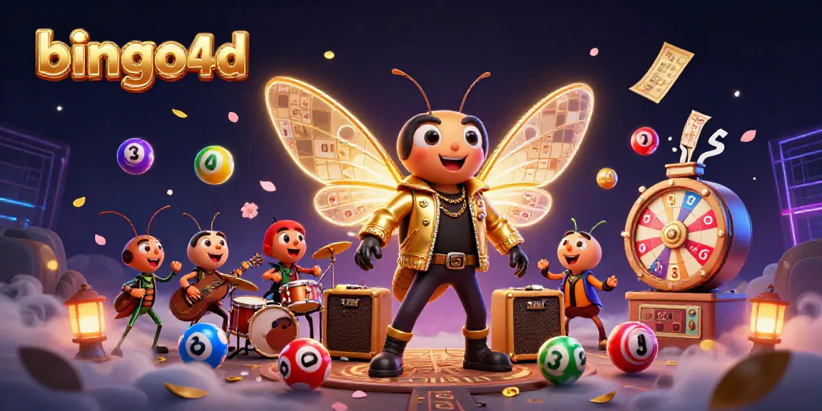 Merayakan kemenangan bingo4d dengan cicada rock star, serangkaian bola lotere, dan kartu bingo.