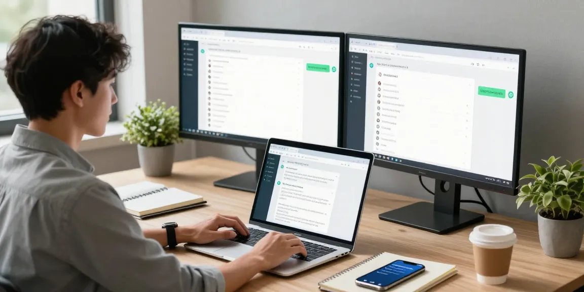 Using WhatsApp網頁版 in a modern office workspace with laptop and notifications.