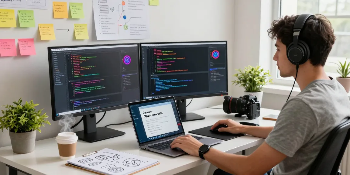 A developer using OpenClaw Skill in an AI workspace, surrounded by monitors, coffee, and tech gadgets.