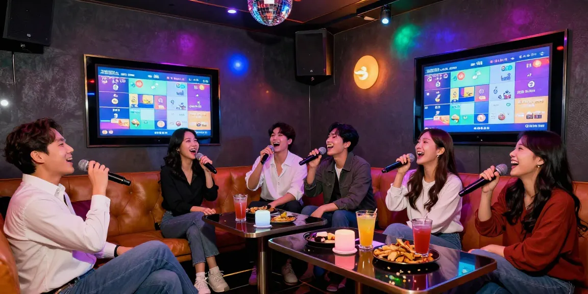 Friends enjoying a lively 강남노래방 karaoke session with vibrant lighting and modern decor.
