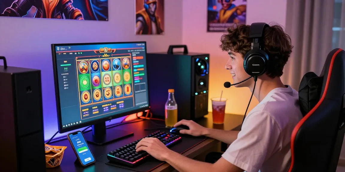 Exciting online gaming setup showcasing deposit pulsa tanpa potongan, vibrant slot game interface, and gaming accessories.