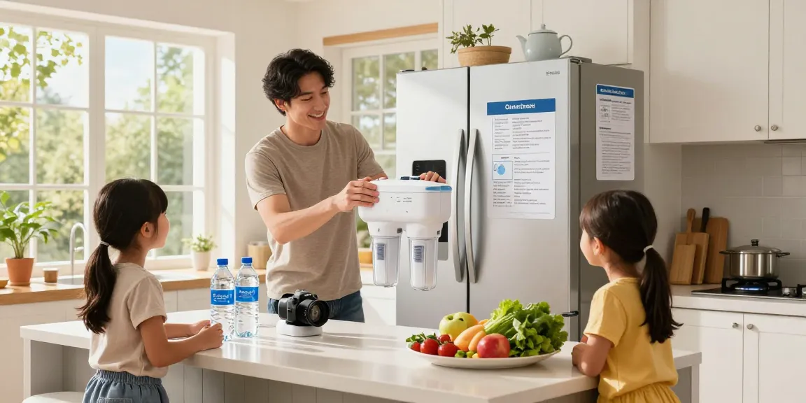 Family installing Overbest UKF8001 Replacement for EveryDrop by Whirlpool Refrigerator Water Filter 4 in a bright kitchen.