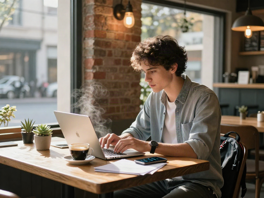rokok88 login at a cozy café with a young professional working on a laptop