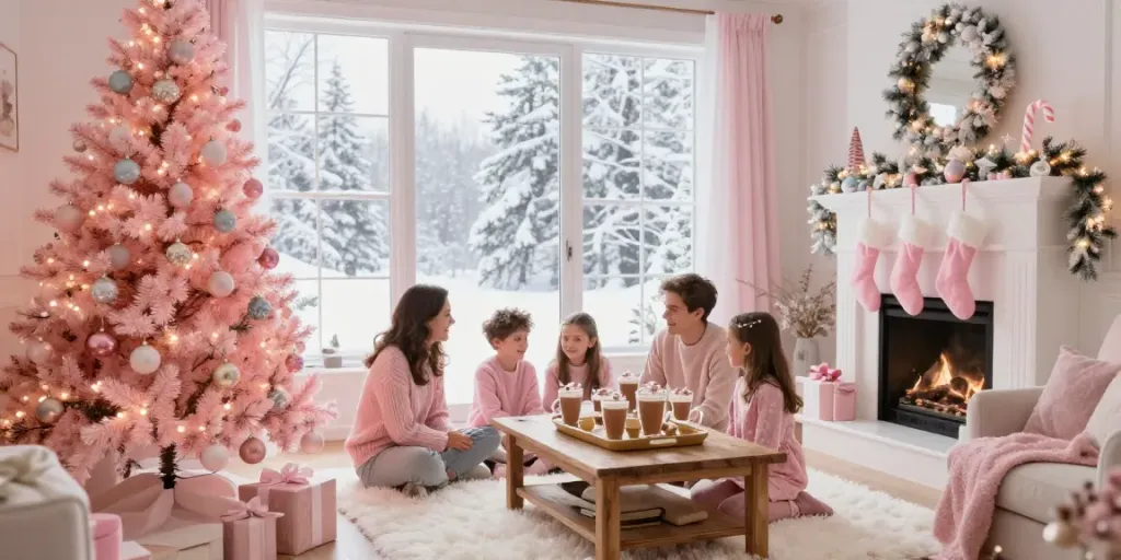 Cozy living room decorated for a pink xmas celebration with a pink Christmas tree.