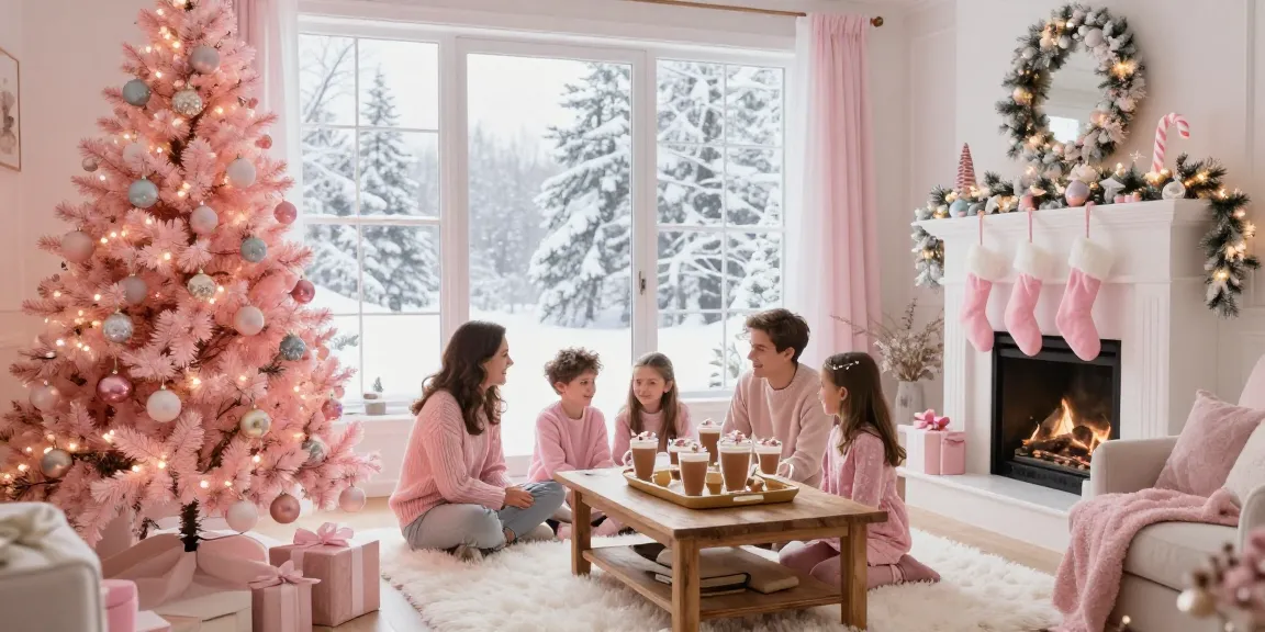 Cozy living room decorated for a pink xmas celebration with a pink Christmas tree.