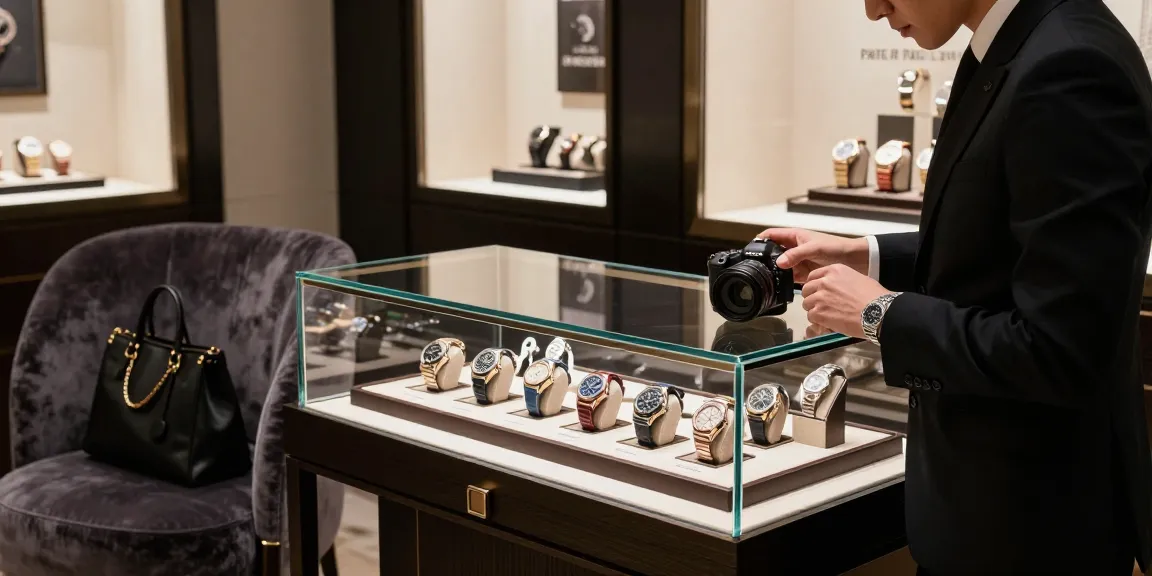 Examining high-end clone watches in a luxury boutique showcasing Rolex and Patek Philippe designs.