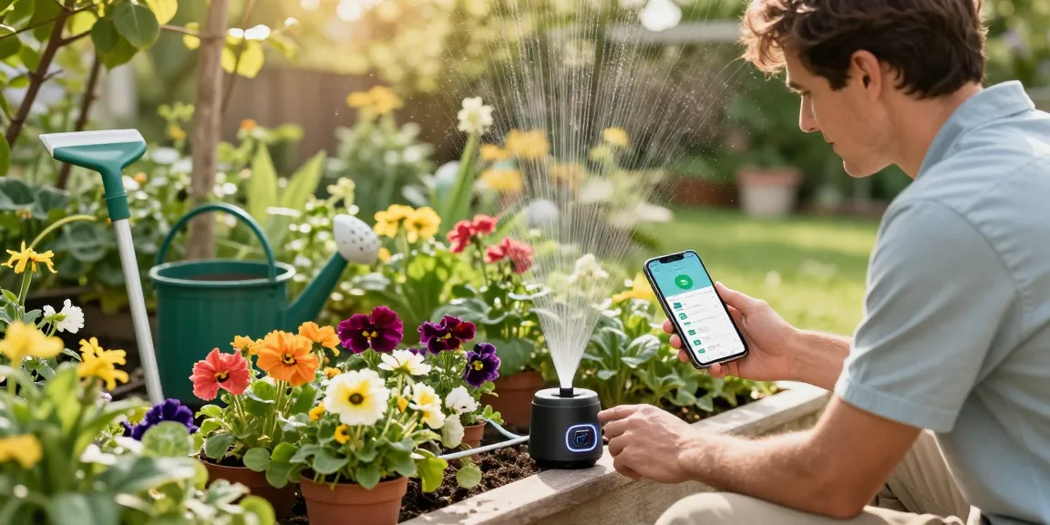 Gardener using a rainpoint water timer in a beautiful garden, showcasing smart watering technology.