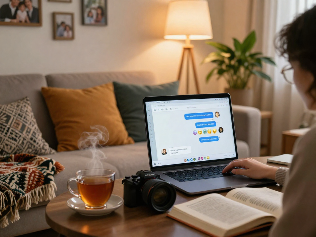 Engaging free AI sex chat scene with a cozy living room, laptop and warm ambiance.