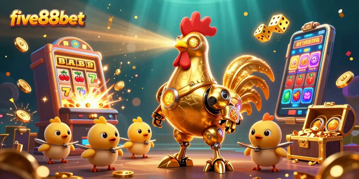 five88bet offers thrilling experiences with a 3D golden rooster and exciting casino symbols amidst vibrant slot action.