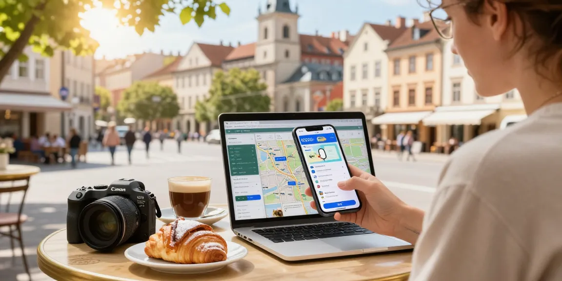 Conectividade eSIM Viagem em café europeu com dispositivo eSIM e laptop.