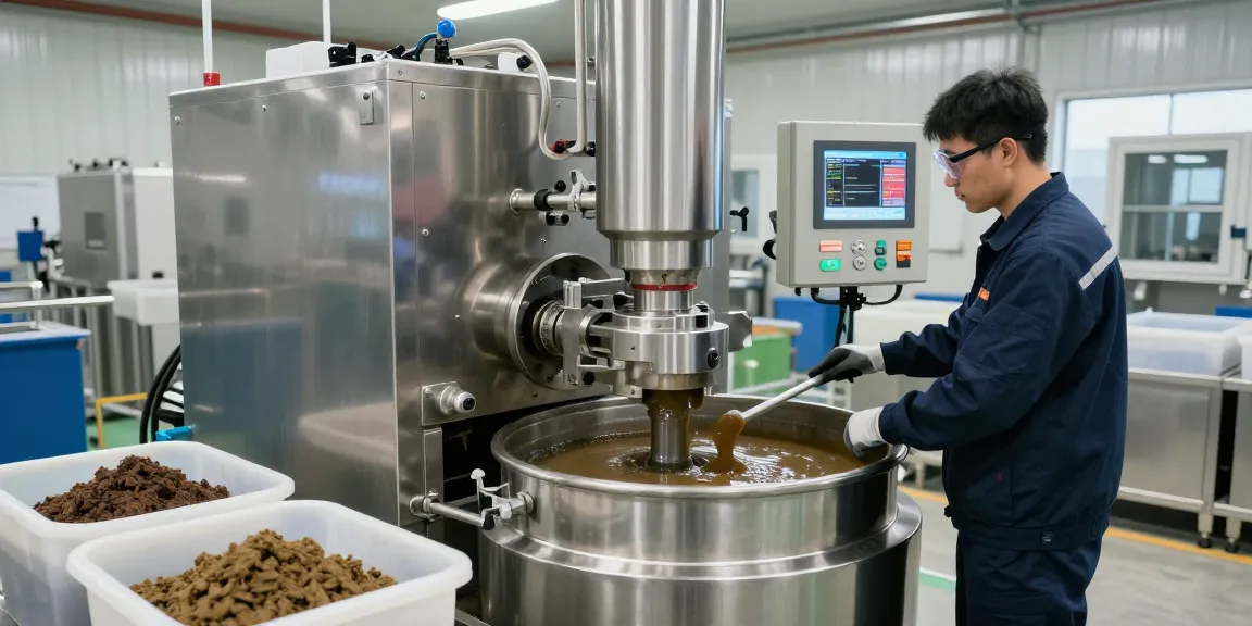 Industrial technician operating advanced sludge dewatering centrifuge in a clean manufacturing facility for efficient waste management.