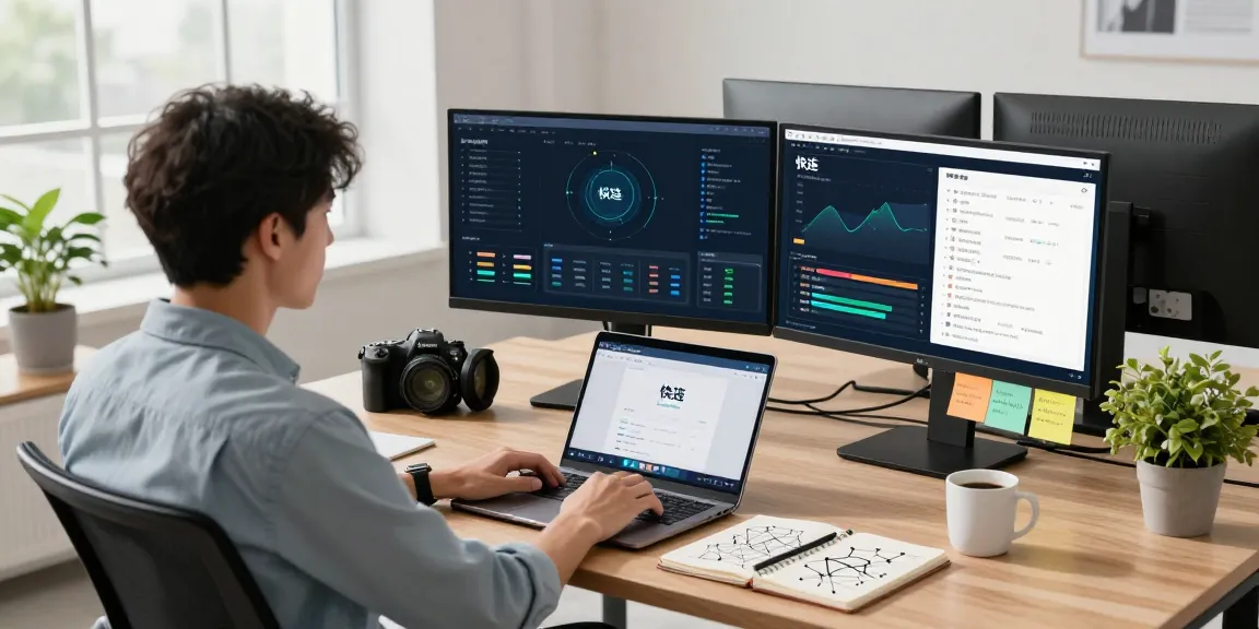快连 network optimization software displayed on dual monitors in a modern tech office, highlighting professional productivity.