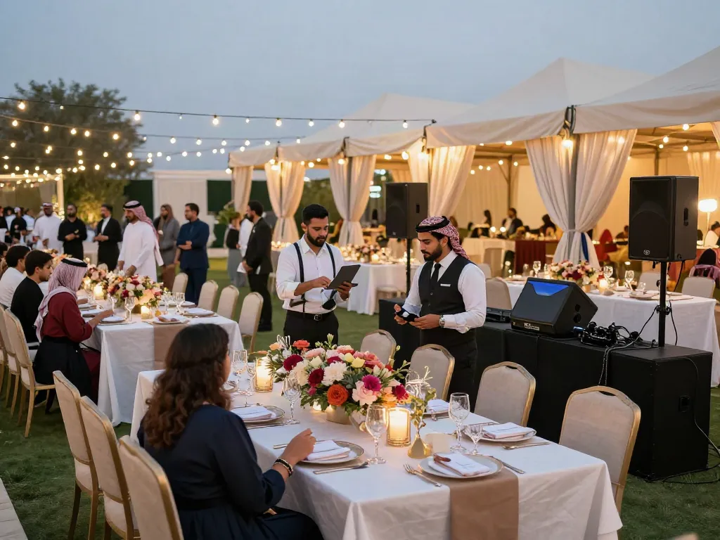 Event rental ksa setup featuring elegant tables and AV equipment in modern outdoor venue.