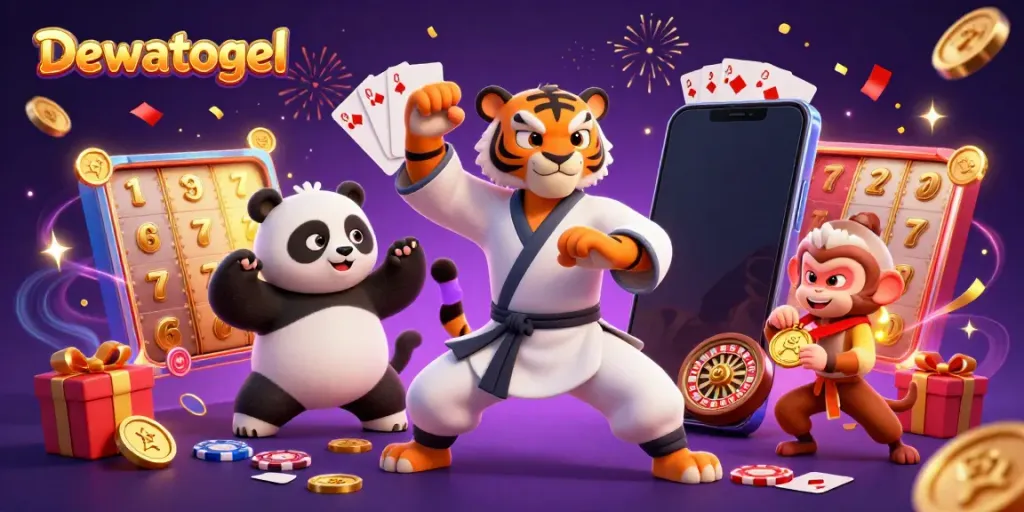 Dewatogel showcases a colorful 3D casino scene of a kung fu tiger master and characters celebrating luck in a gaming atmosphere.
