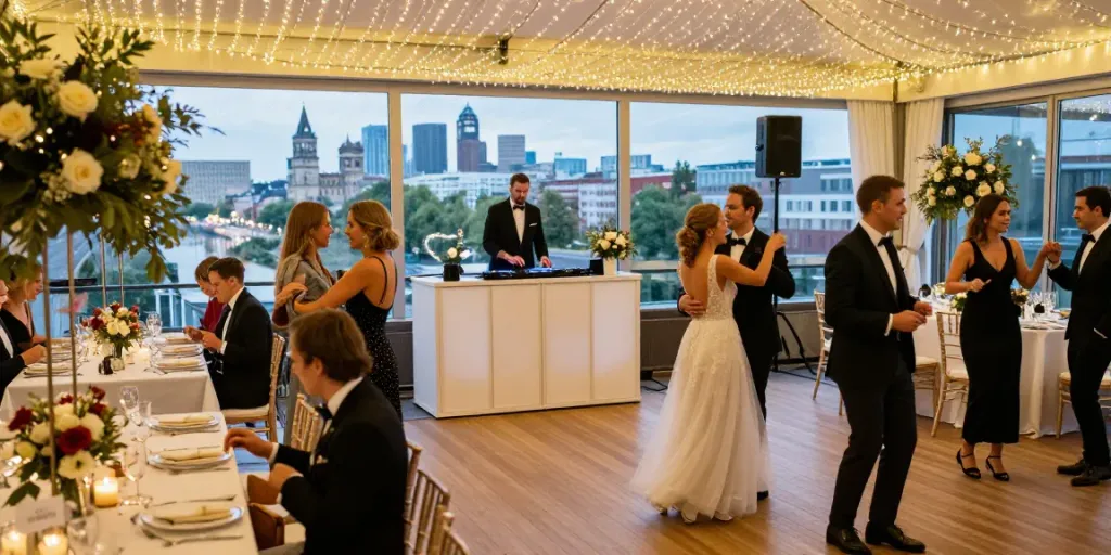 Hochzeit DJ Berlin Brandenburg sorgt für eine unvergessliche Feier mit festlicher Dekoration und tanzenden Gästen.