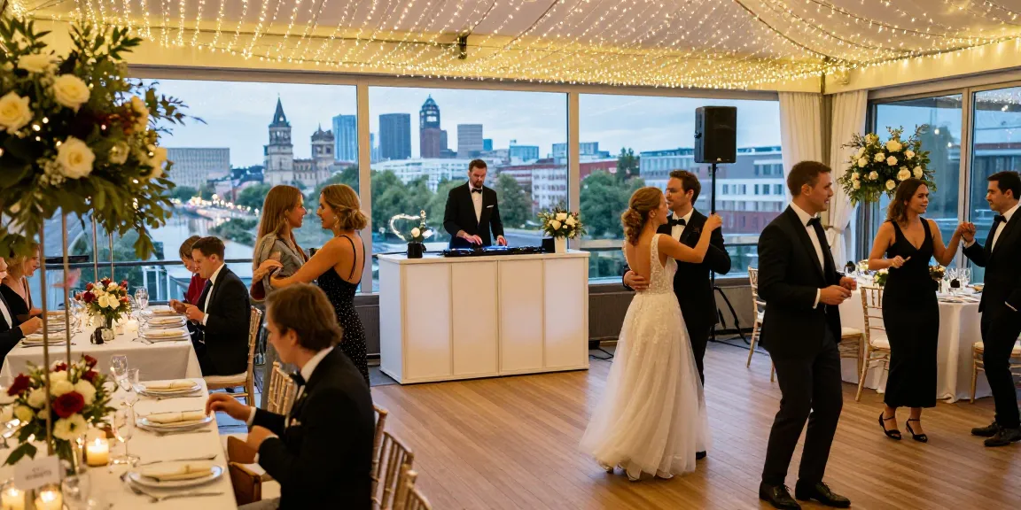 Hochzeit DJ Berlin Brandenburg sorgt für eine unvergessliche Feier mit festlicher Dekoration und tanzenden Gästen.
