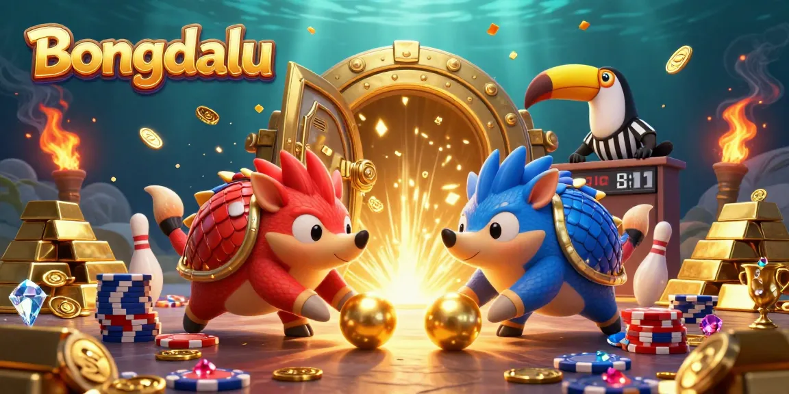 Bongdalu pangolins compete in a vibrant 3D scene, rolling poker chips and golden treasure, creating an exciting gambling atmosphere.