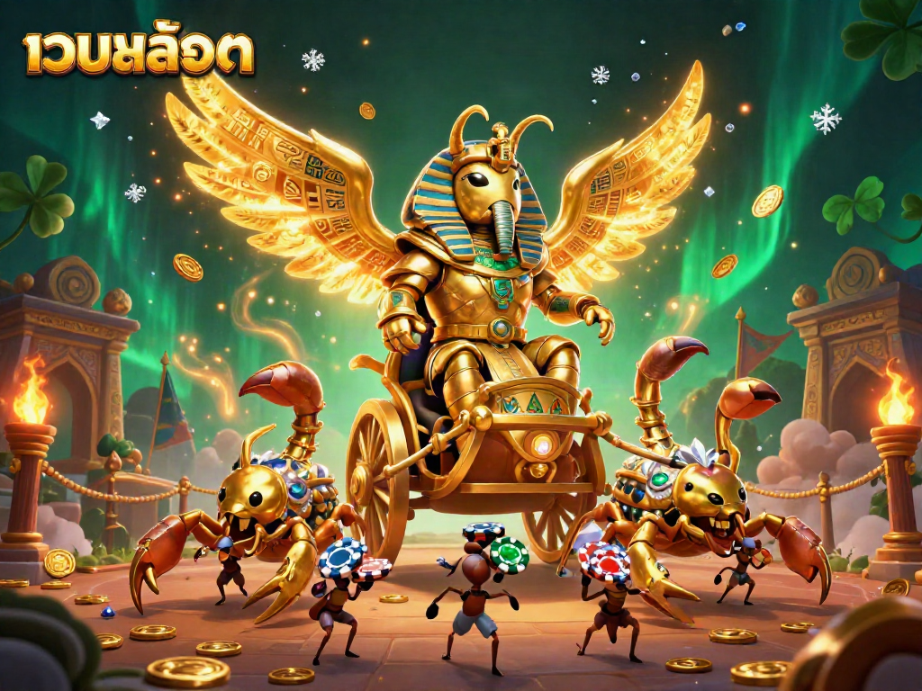 Engage in เว็บสล็อต action with a pharaoh-themed scene featuring golden scarab beetles and luxurious betting elements.