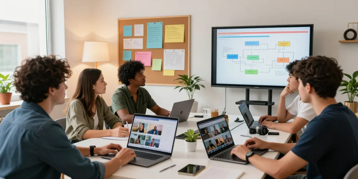 Collaborative team using seedance 2.0 for innovative video production in a bright workspace.