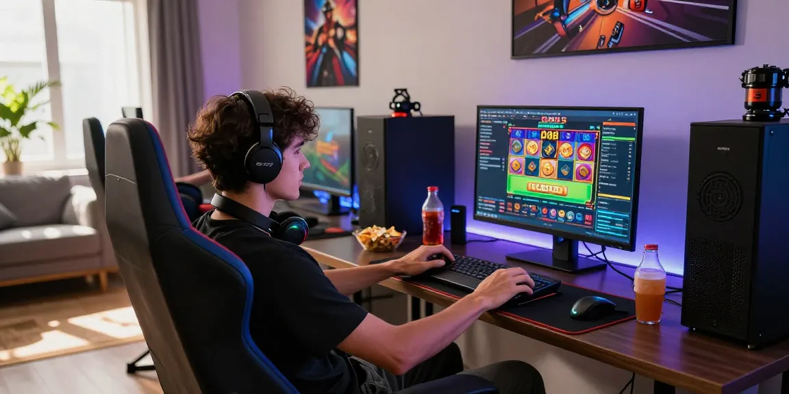 Excited gamer enjoying slot88 online gameplay in a vibrant home setup.