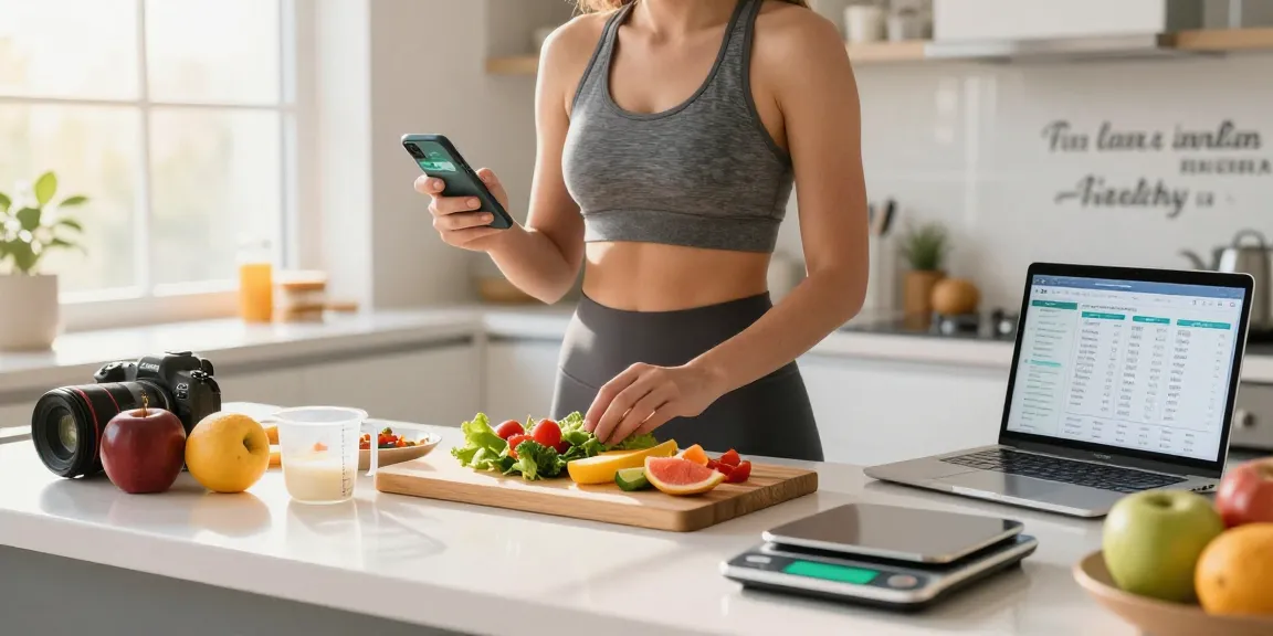 Health-conscious person using the best calorie tracking apps to log meals in a modern kitchen