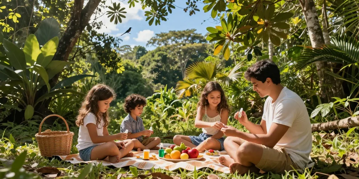 Family enjoying a picnic in the Yucatan jungle while applying yucatan-herbal-mosquito-repellent, surrounded by nature.