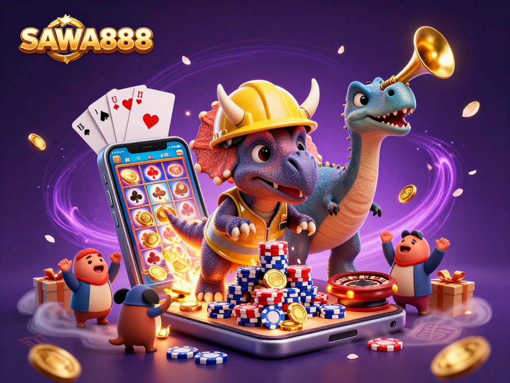 Experience the excitement of SAWA888 with a lively casino scene showcasing colorful games and cheerful characters.