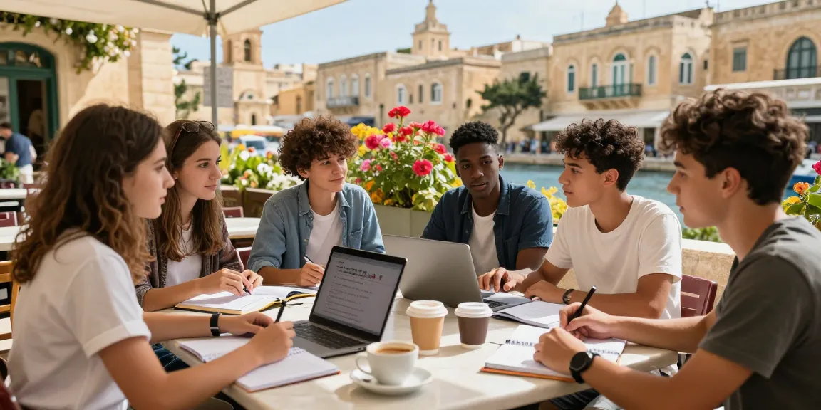 Corsi di inglese a Malta: Studenti che apprendono l'inglese in un vivace caffè all'aperto.