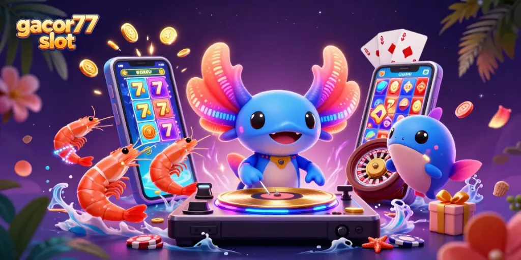 Gacor77 slot menghadirkan suasana casino yang meriah dengan DJ axolotl beraksi dan unsur slot yang menarik.