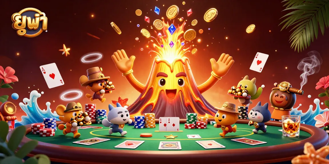 Experience thrilling gameplay at ยูฟ่า with a colossal golden volcano erupting treasure and poker excitement.