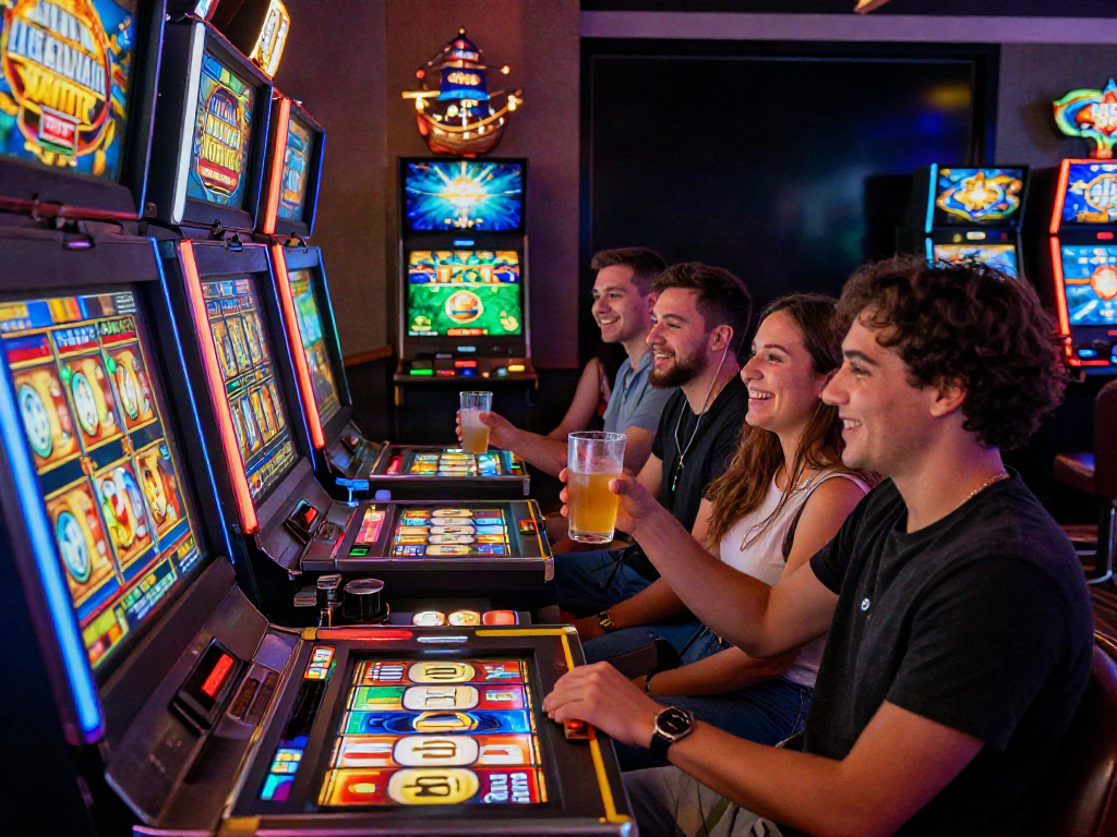 Friends celebrating with drinks while playing slot machines in a vibrant casino setting.