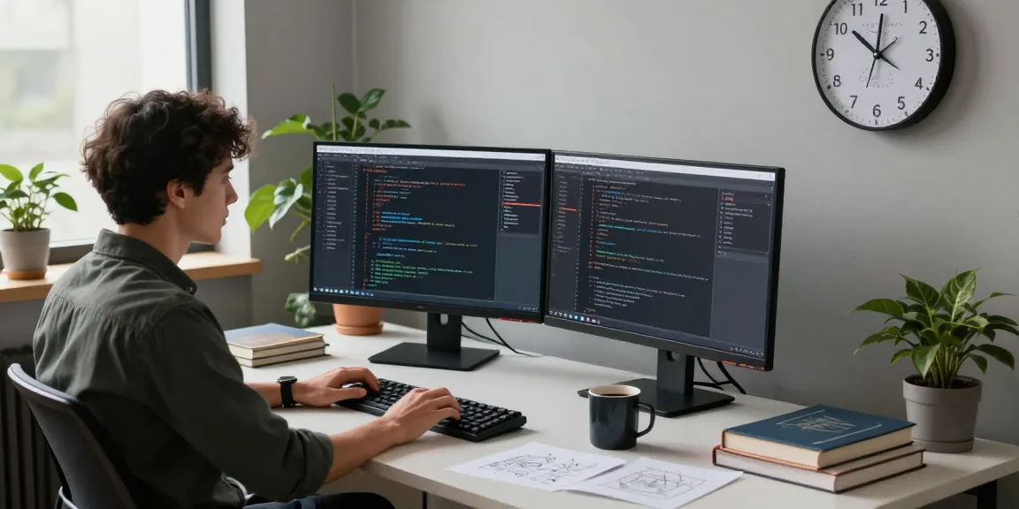 Developer coding at workspace with dual monitors showcasing algorithms for teiegramin.com, modern design and collaborative atmosphere.