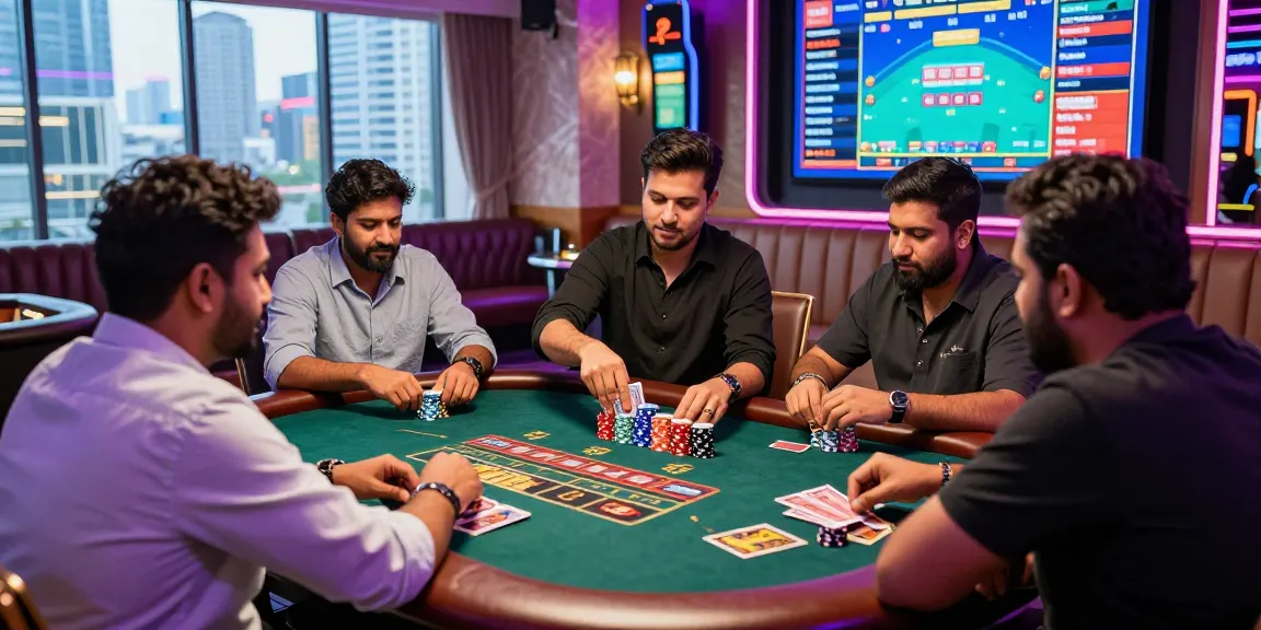 Exciting andar bahar game scene in a vibrant live casino, showcasing players engaged with a dealer.