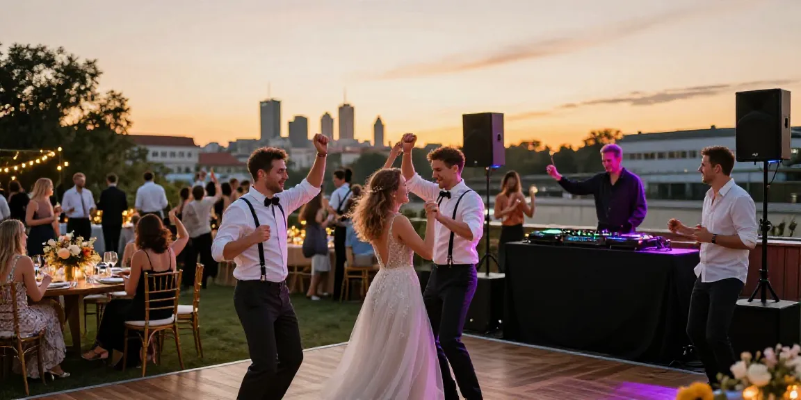 A lively wedding DJ scene in Berlin, showcasing joyful guests dancing and a modern sound setup.