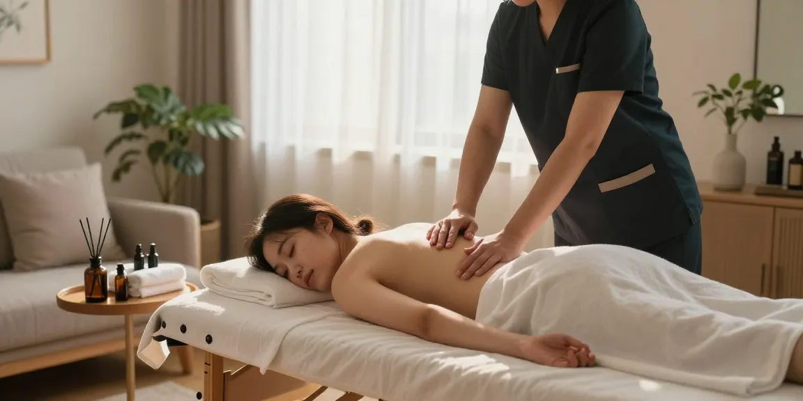 Professional providing 성남출장마사지 in a serene home environment with soothing atmosphere.
