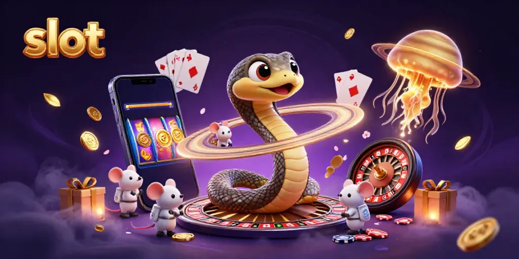 Experience captivating slots with a Saturn ring snake and astronaut mice in a vibrant cosmic casino scene.