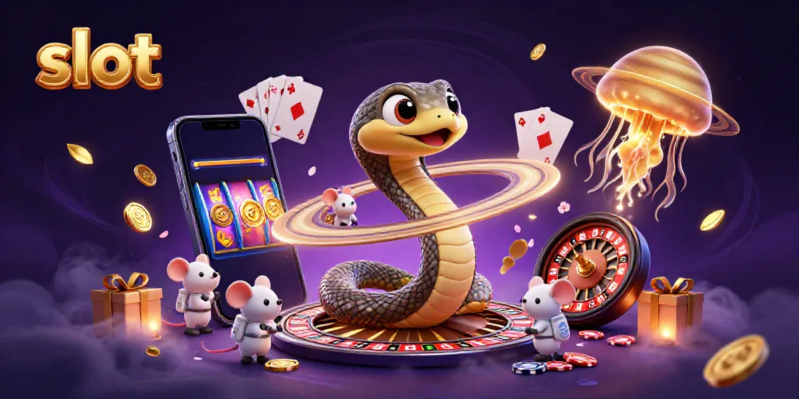 Experience captivating slots with a Saturn ring snake and astronaut mice in a vibrant cosmic casino scene.