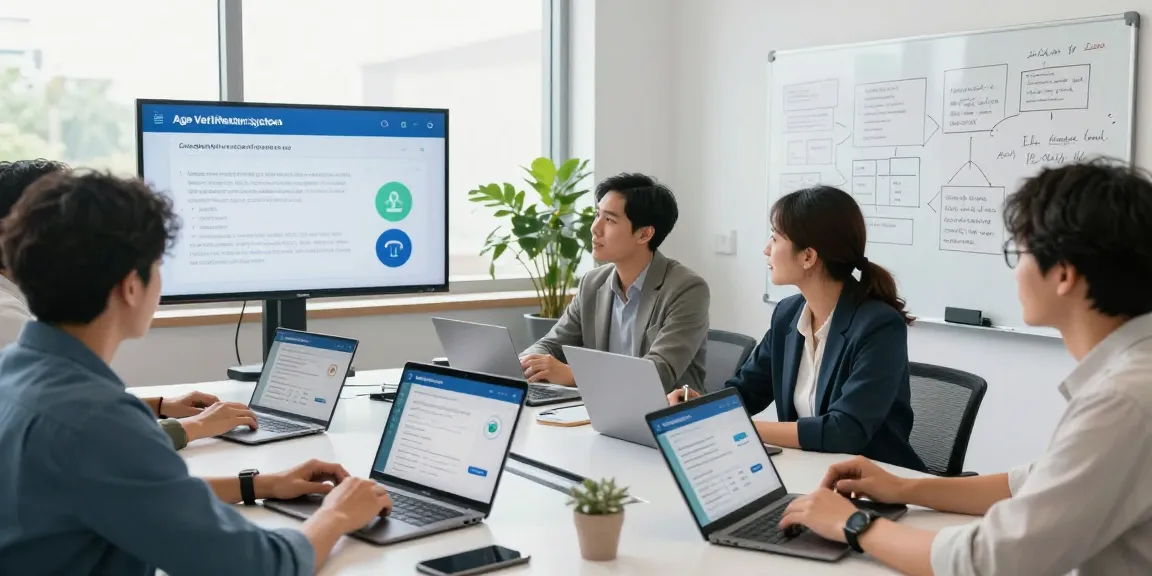 Team discussing age verification system integration in a modern office.