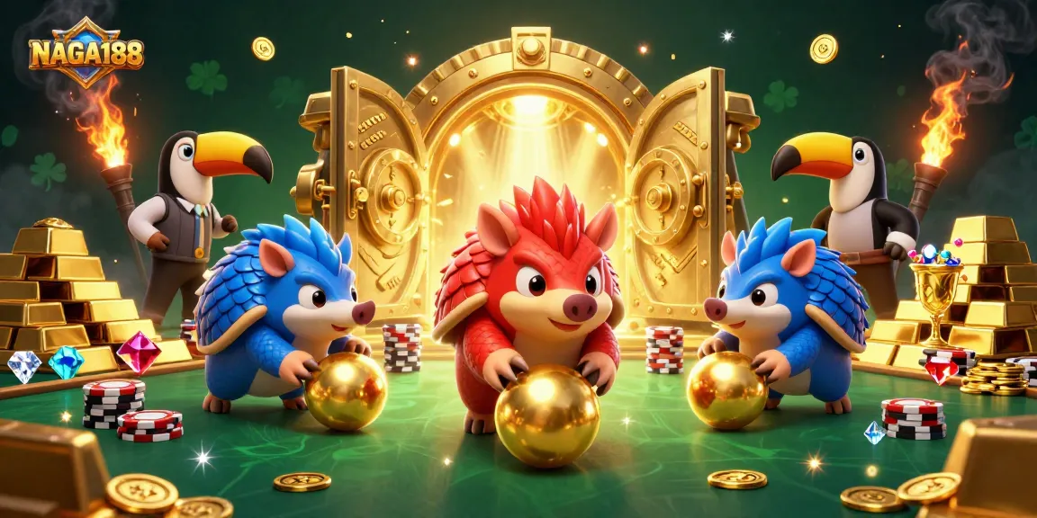 NAGA188 menghadirkan pangolins yang bersaing dalam permainan dadu dengan kemewahan emas dan tumpukan chip poker