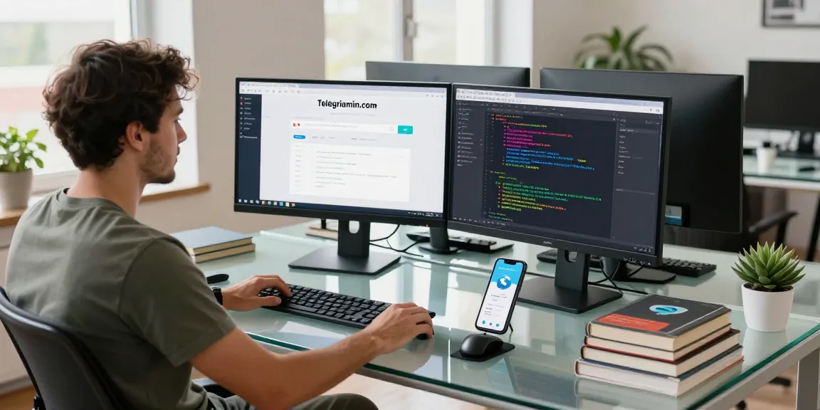 Engineer using telegraimin.com platform in a modern workspace with multiple screens.