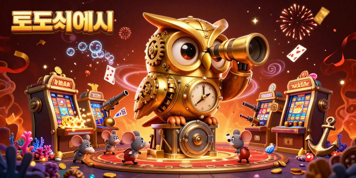 Engage with thrilling 토토사이트 as a golden owl oversees vibrant casino action amid confetti and treasures.