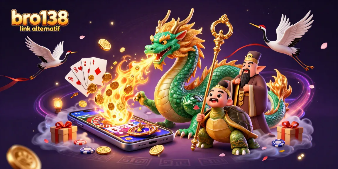 Experience the thrill of the bro138 link alternatif with vibrant casino elements in a dynamic 3D illustration.
