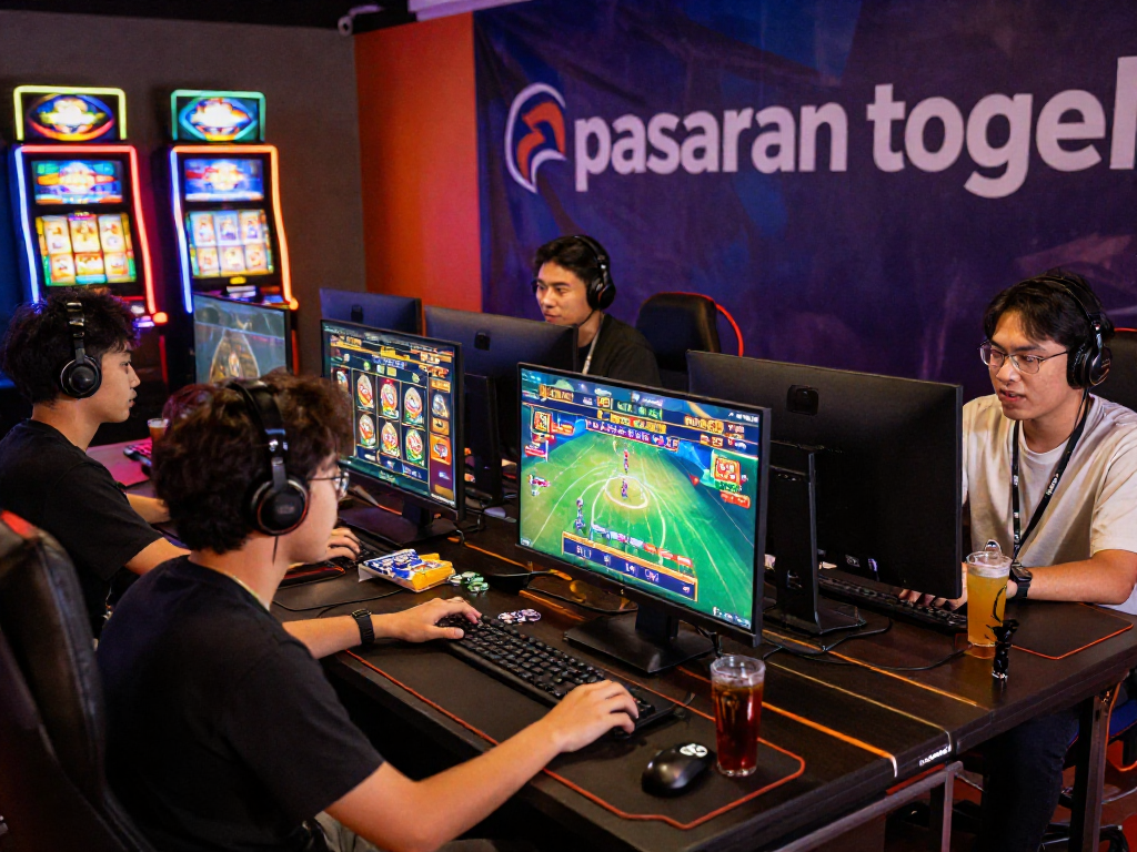 Engaged friends enjoying pasaran togel and online games in a lively atmosphere