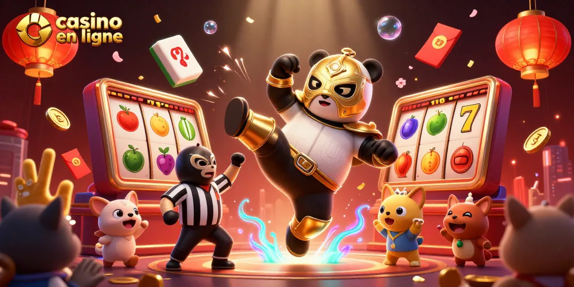 Experience casino en ligne excitement with a panda wrestler performing against a vibrant casino backdrop.