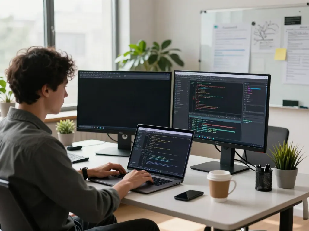 Brave developer coding on modern workspace with tech gadgets.