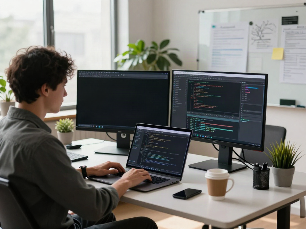 Brave developer coding on modern workspace with tech gadgets.